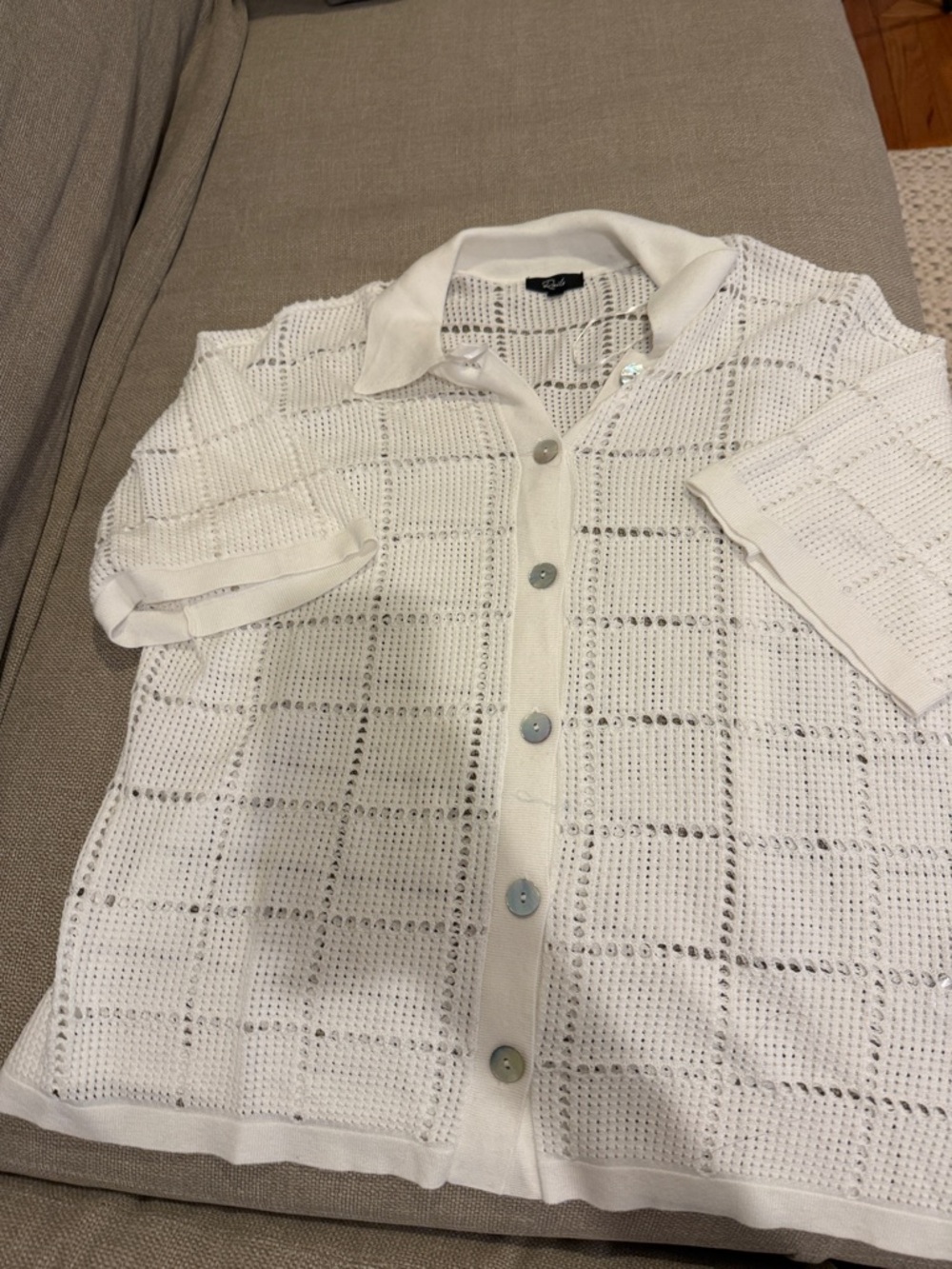 Rails White Open-Knit Short Sleeve Button Front Top